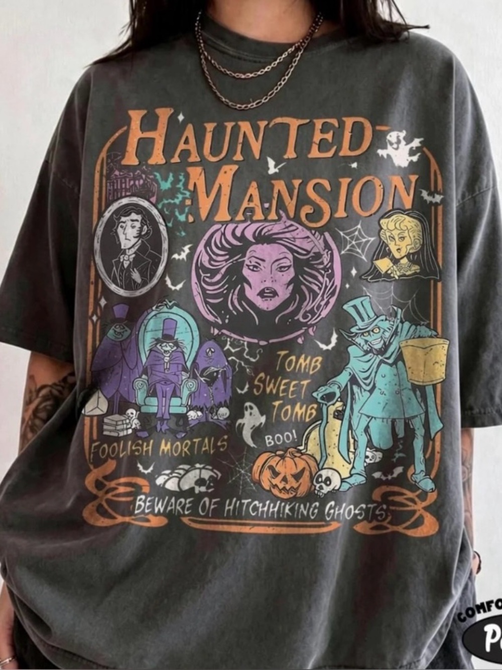 Haunted Mansion Costume Tee - Charcoal with Orange & Purple Graphics